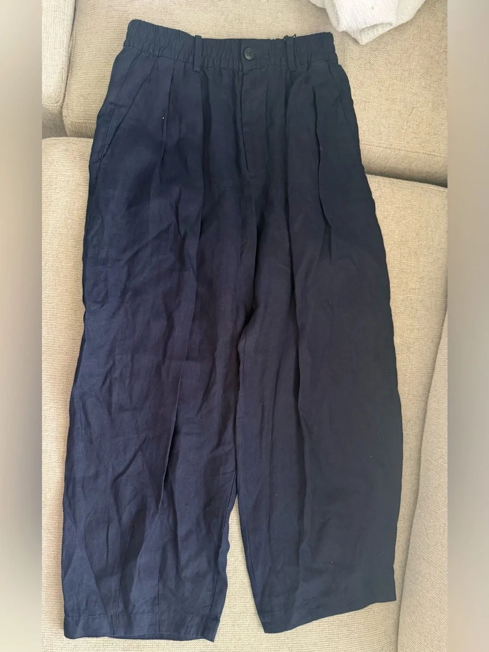 Zara Navy Elastic-Waist Wide Leg Linen Pants